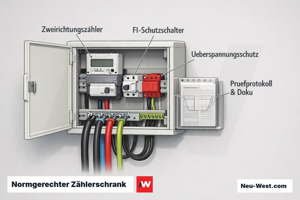 Querschnitt eines normkonformen Zählerschranks mit Zweirichtungszähler, FI-Schutzschalter, Überspannungsschutz und Prüfdokumentation für die PV-Anmeldung.