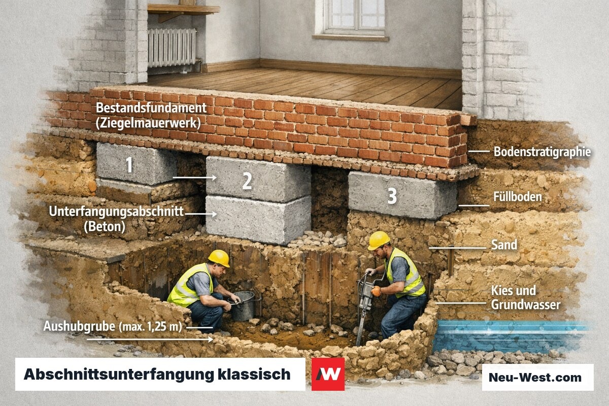Querschnitt einer Abschnittsunterfangung: Bestandsfundament auf Sand, darunter betonierte Abschnitte in versetzter Reihenfolge, Berliner Altbau