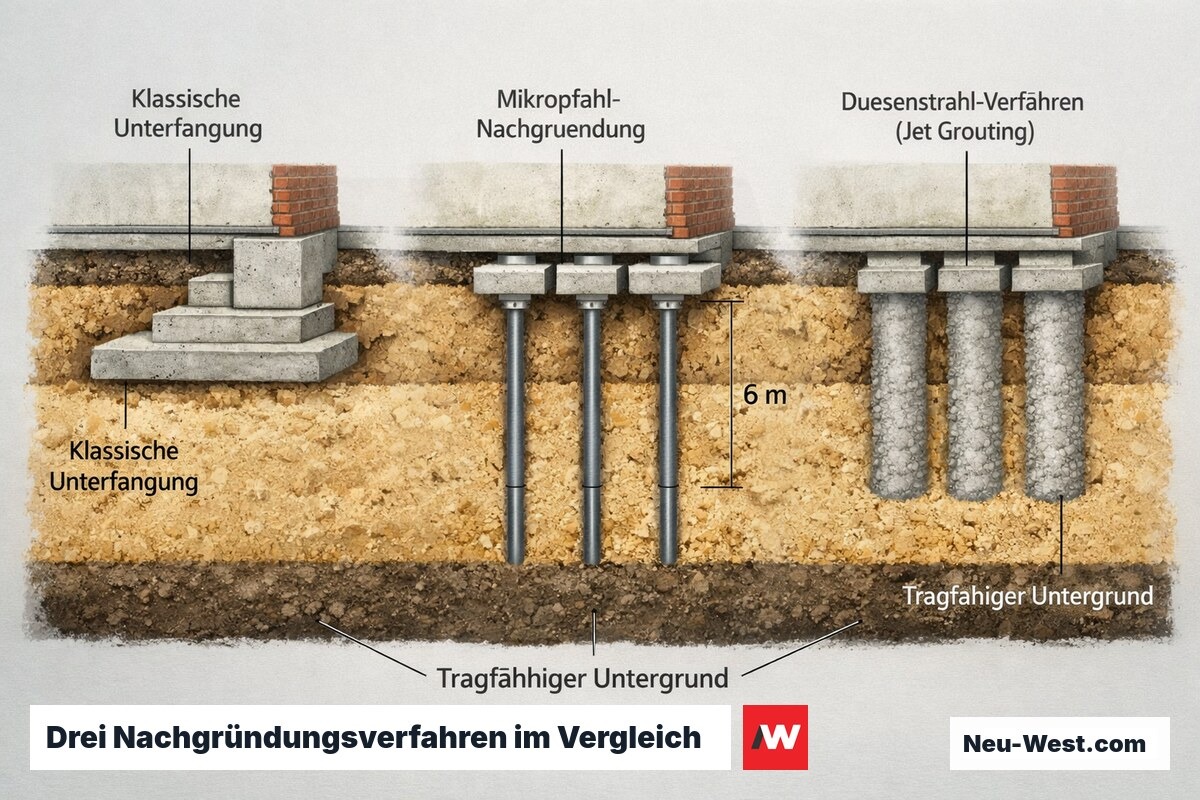 Vergleichsdiagramm dreier Nachgründungsmethoden: klassische Unterfangung, Mikropfähle und Jet Grouting nebeneinander im Bodenquerschnitt