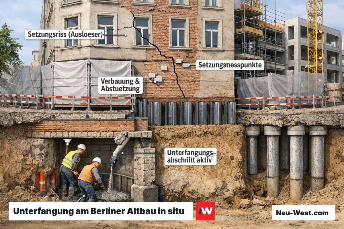 Baustelle Berlin: Unterfangungsarbeiten an einem Gründerzeitgebäude, Setzungsrisse sichtbar, Schutzverbauung und aktive Betonageabschnitte unter dem B