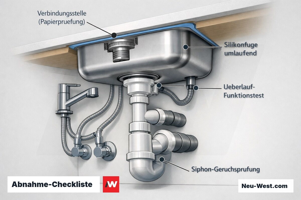 Cutaway-Grafik der Prüfpunkte bei der Spülen-Abnahme: Verbindungsstellen, Silikonfuge, Überlauf und Siphon unter dem Becken.