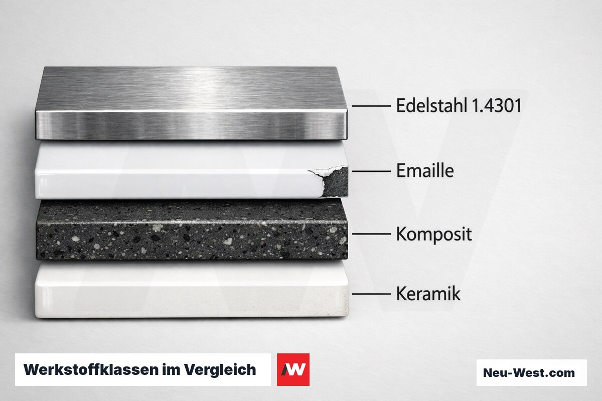 Werkstoffklassen im Vergleich: Kennwerte Edelstahl, Emaille, Komposit, Keramik – Erklär-Grafik (NEUWEST Berlin)