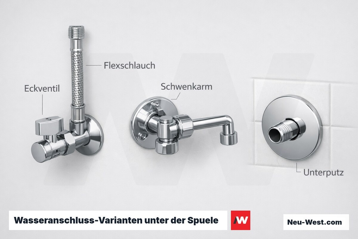 Wasseranschluss-Varianten unter der Spuele: Absperrarmaturen im Vergleich – Erklär-Grafik (NEUWEST Berlin)