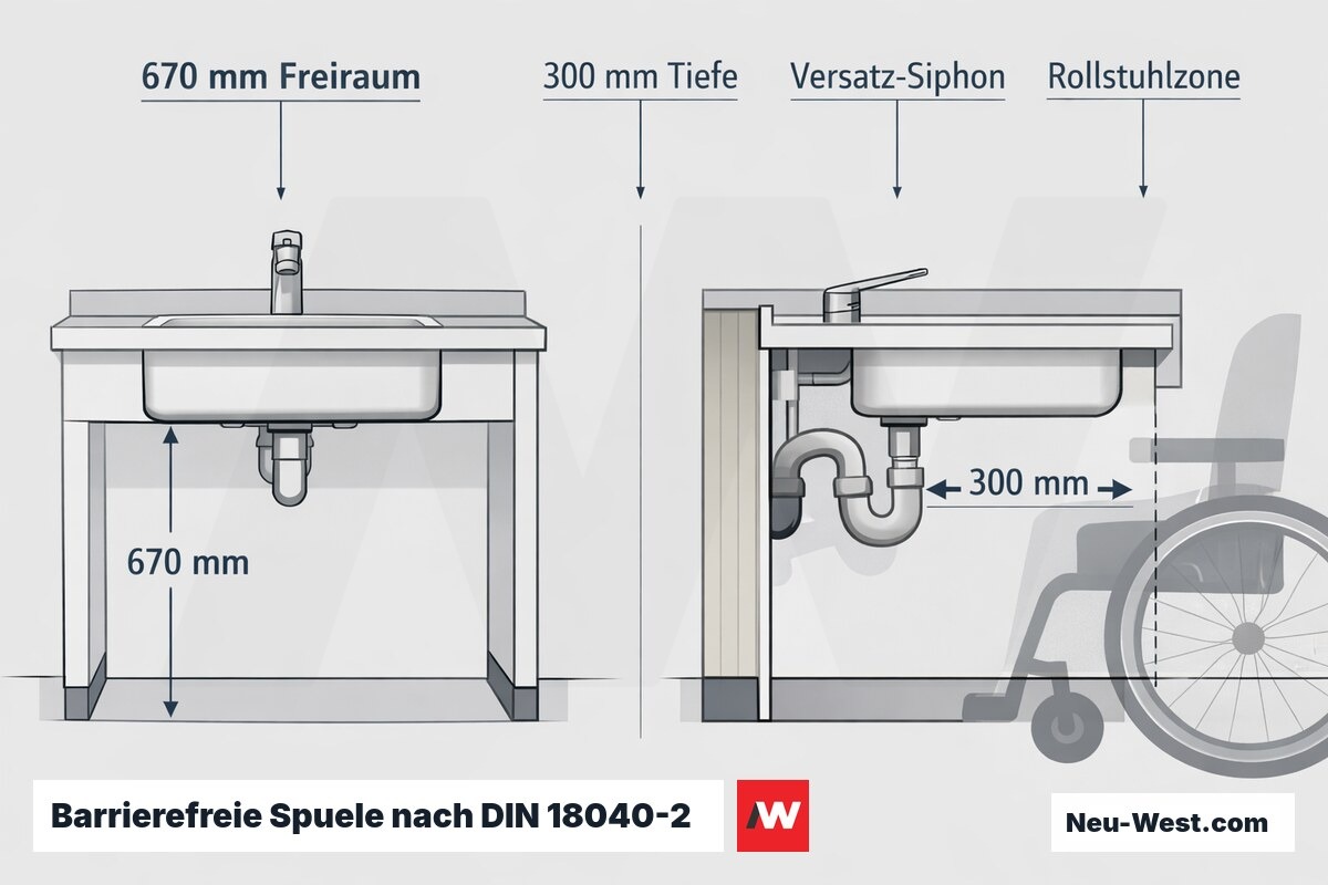Barrierefreie Spuele nach DIN 18040-2: Unterfahrbarkeit, Knieschutz, Siphon-Versatz – Erklär-Grafik (NEUWEST Berlin)