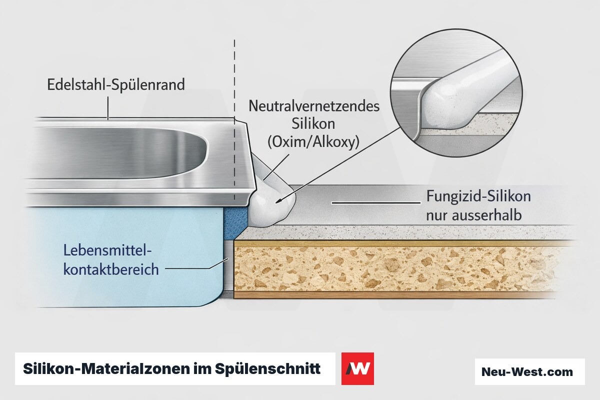 Querschnitt einer Küchenspülenfuge: neutralvernetzendes Silikon im Lebensmittelkontaktbereich, Fungizid-Silikon nur außerhalb der Spüleninnenfläche.