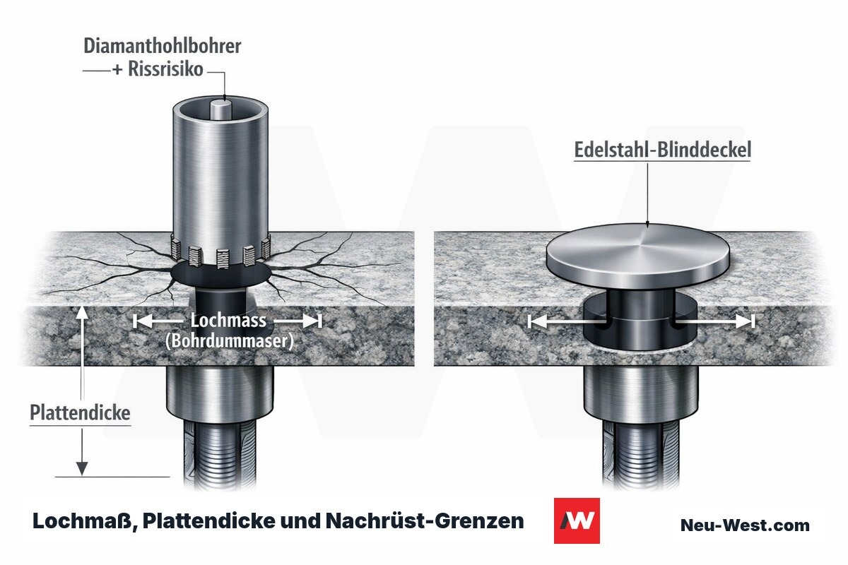 Querschnitt einer Steinarbeitsplatte mit Armaturen-Bohrloch, Diamanthohlbohrer mit Rissrisiko und Edelstahl-Blinddeckel als Nachrüst-Grenzen.