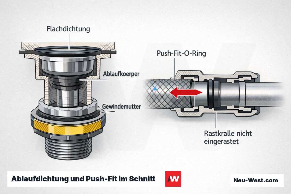 Schnittdarstellung einer Ablaufgarnitur mit Flachdichtung und einer Push-Fit-Steckverbindung mit O-Ring und Rastkralle, korrekte gerade Steckrichtung markiert.