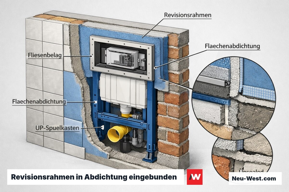 Querschnitt eines UP-Spülkastens im Nassraum: Revisionsrahmen mit der Flächenabdichtung verklebt, Wandaufbau mit Fliesen und Dichtungsbahn nach DIN 18534.