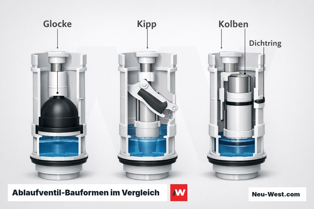 Ablaufventil-Bauformen im Vergleich – Erklär-Grafik (NEUWEST Berlin)