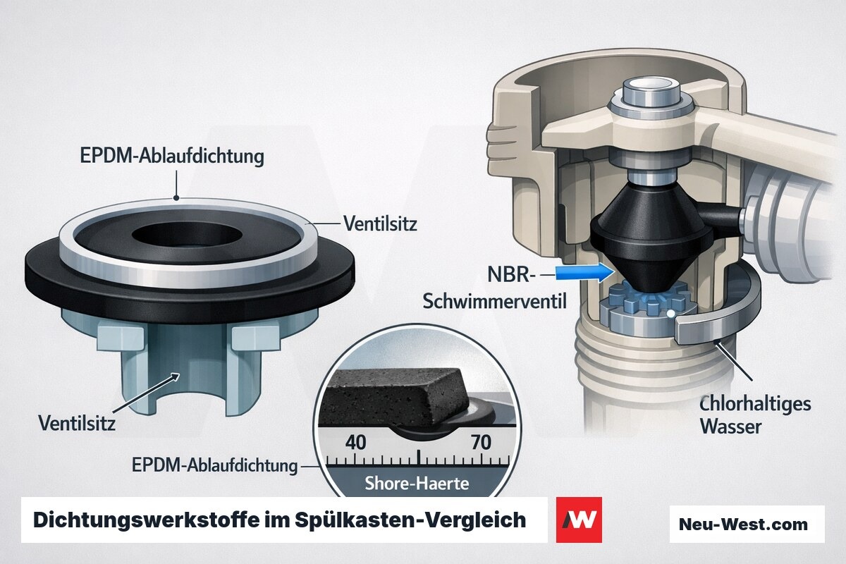 Querschnitt-Vergleich EPDM-Ablaufdichtung und NBR-Schwimmerventil im Spülkasten mit Ventilsitz und Shore-Härte-Skala.