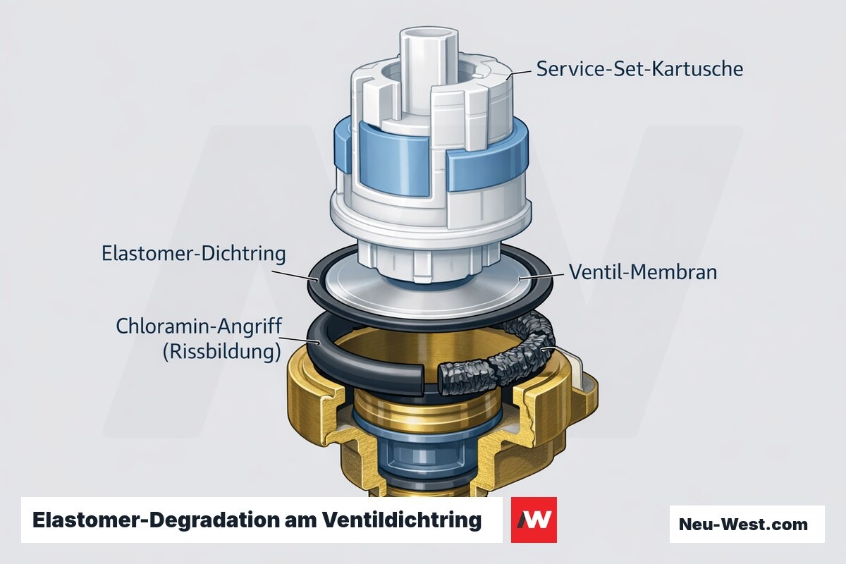 Querschnitt eines Fuellventil-Dichtsatzes: intakter Elastomer-Dichtring gegenueber chloraminbedingter Rissbildung und Versproedung, mit Membran und Service-Kartusche.