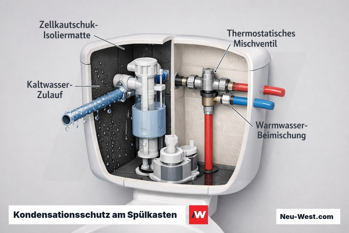 Querschnitt eines Keramik-Spülkastens mit Zellkautschuk-Isoliermatte und thermostatischem Mischventil zur Kondensationsvermeidung über dem Taupunkt.