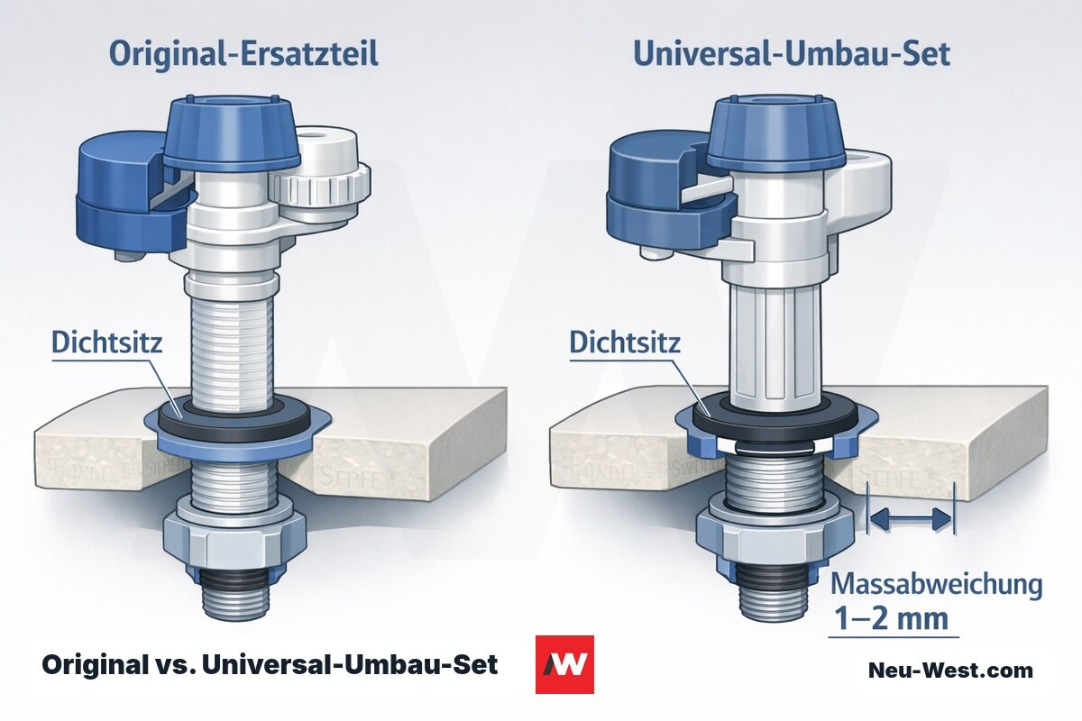 Vergleichsgrafik: Original-Füllventil mit passendem Dichtsitz neben Universal-Umbau-Set mit sichtbarer Maßabweichung von 1–2 mm am Dichtsitz.
