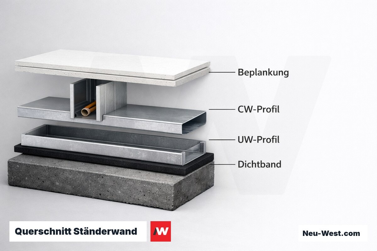 Querschnitt Ständerwand: Schichtaufbau und Installationszone – Erklär-Grafik (NEUWEST Berlin)