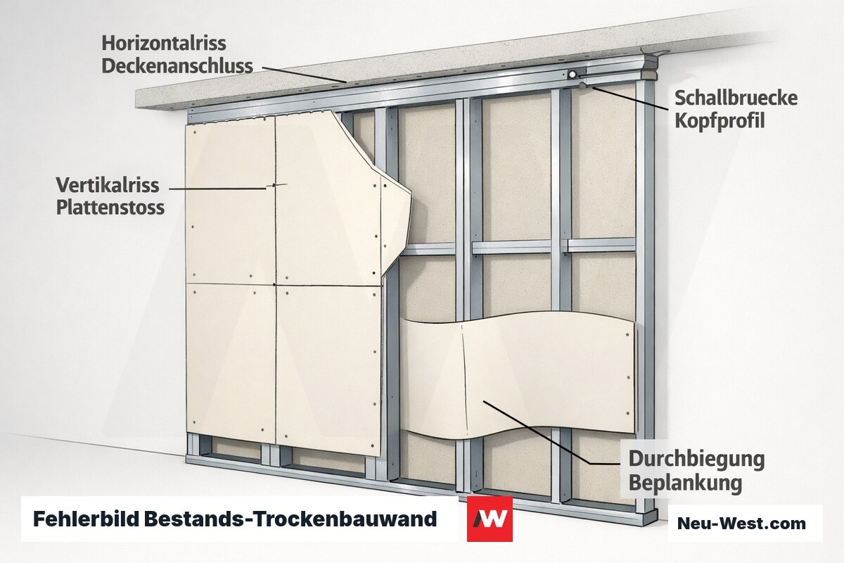 Cutaway einer Trockenbau-Trennwand mit Rissen am Deckenanschluss und Plattenstoß, durchgebogener Beplankung und Schallbrücke im fixierten Kopfprofil.