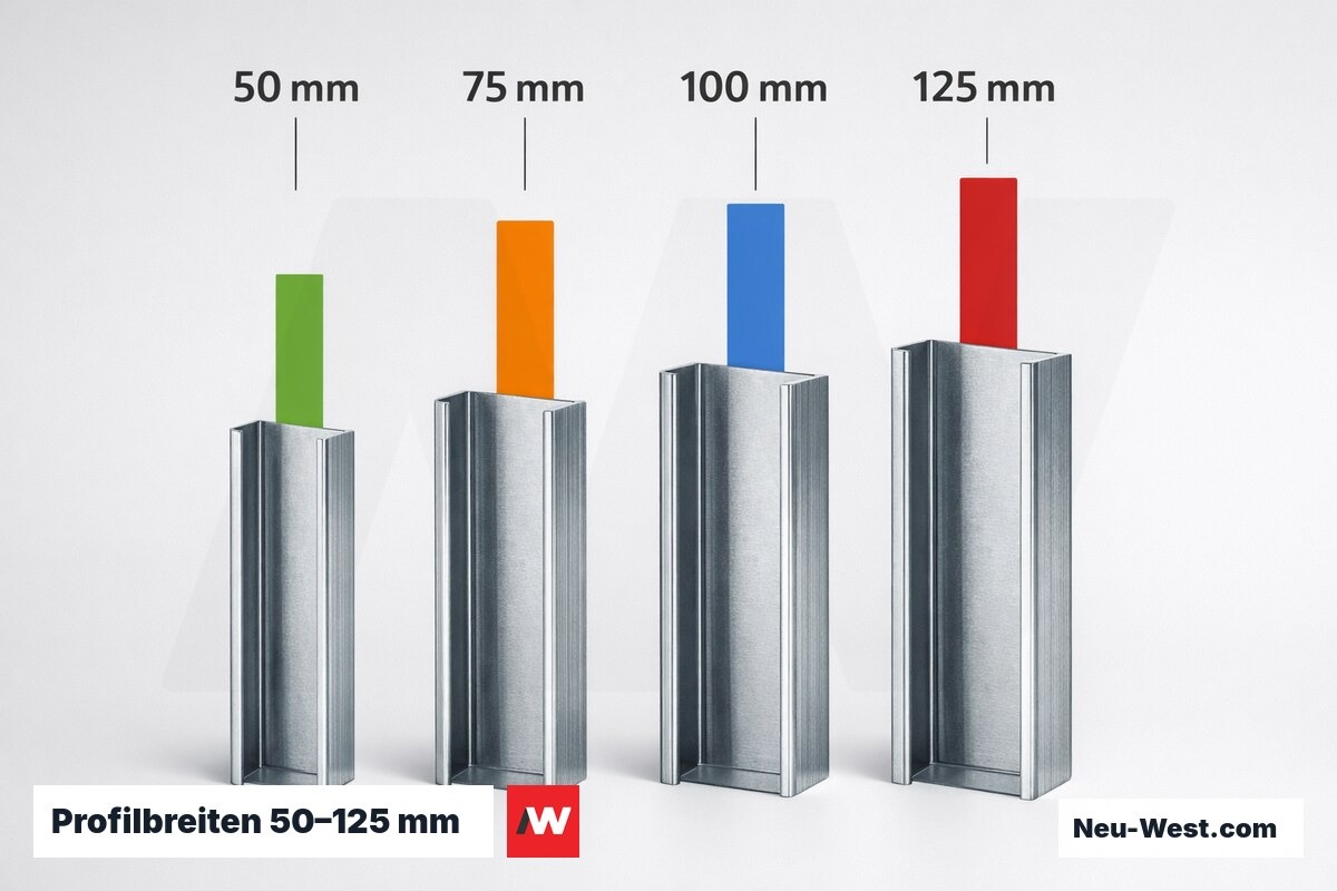 Profilbreiten 50–125 mm: zulässige Wandhöhen im Vergleich – Erklär-Grafik (NEUWEST Berlin)