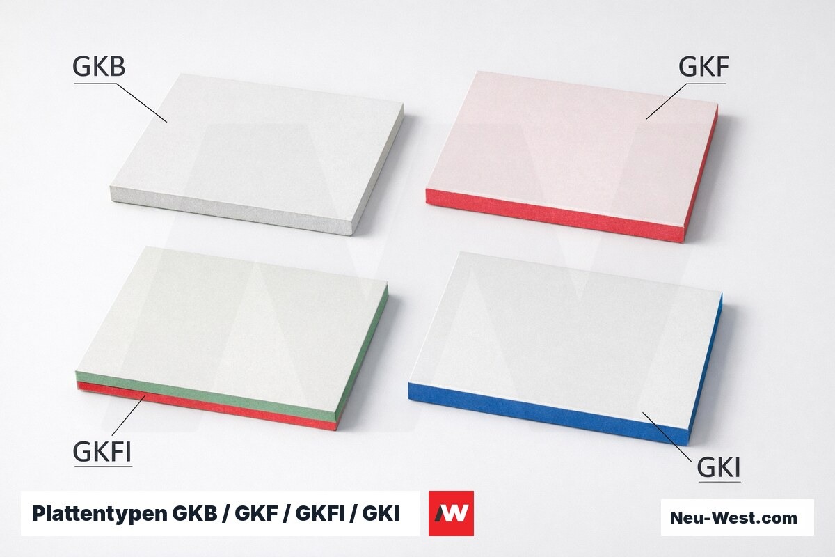 Plattentypen GKB / GKF / GKFI / GKI nach DIN EN 520 – Erklär-Grafik (NEUWEST Berlin)