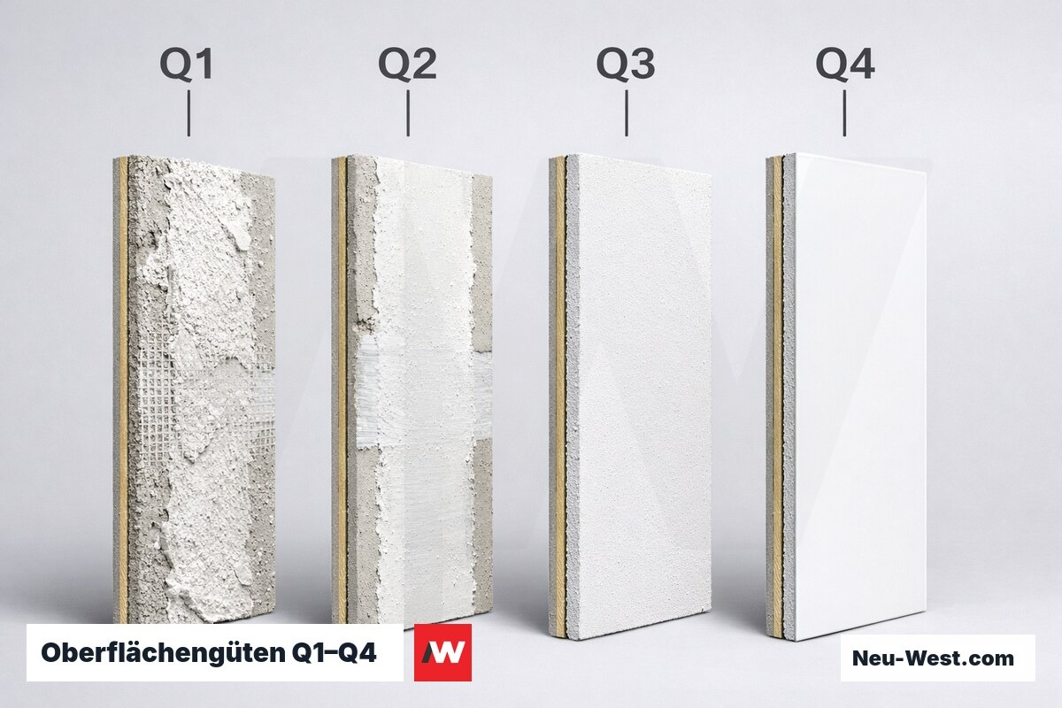 Oberflächengüten Q1–Q4: Spachteltiefe, Toleranz und Einsatz – Erklär-Grafik (NEUWEST Berlin)