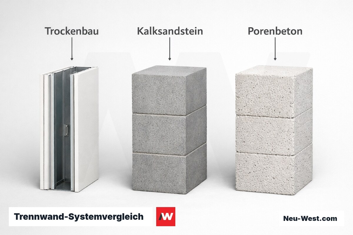 Trennwand-Systemvergleich: Trockenbau / Kalksandstein / Porenbeton – Erklär-Grafik (NEUWEST Berlin)