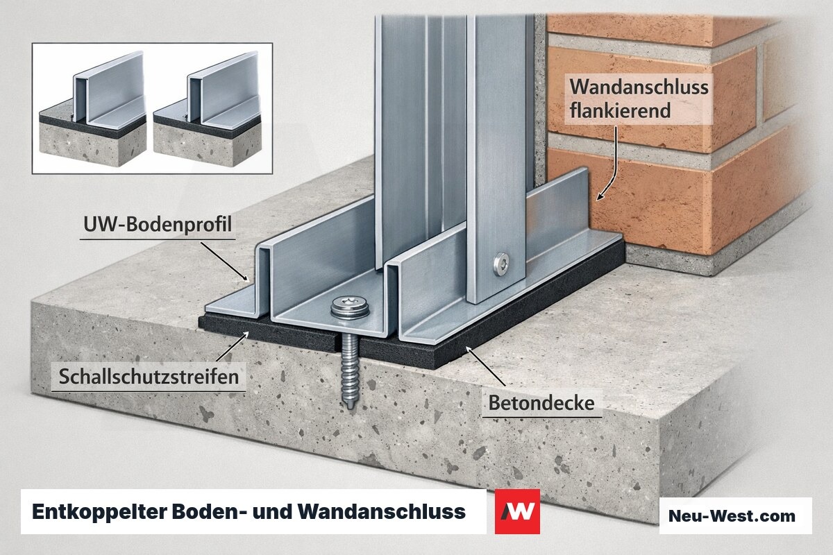 Detailschnitt eines UW-Bodenprofils mit Schallschutzstreifen zwischen Metall und Betondecke sowie entkoppeltem Wandanschluss an flankierendes Bauteil.