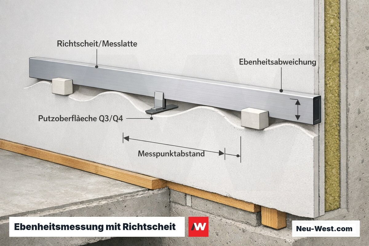 Querschnitt einer Wand mit aufgelegtem Richtscheit und Fühlerlehre zur Messung der Ebenheitsabweichung an Messpunkten nach DIN 18202.