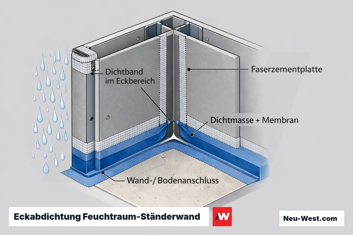 Cutaway-Detail einer Feuchtraum-Ständerwand: Wand-Boden-Anschluss und Ecke mit Dichtband, Dichtmasse und Faserzementplatte im Beregnungsbereich.