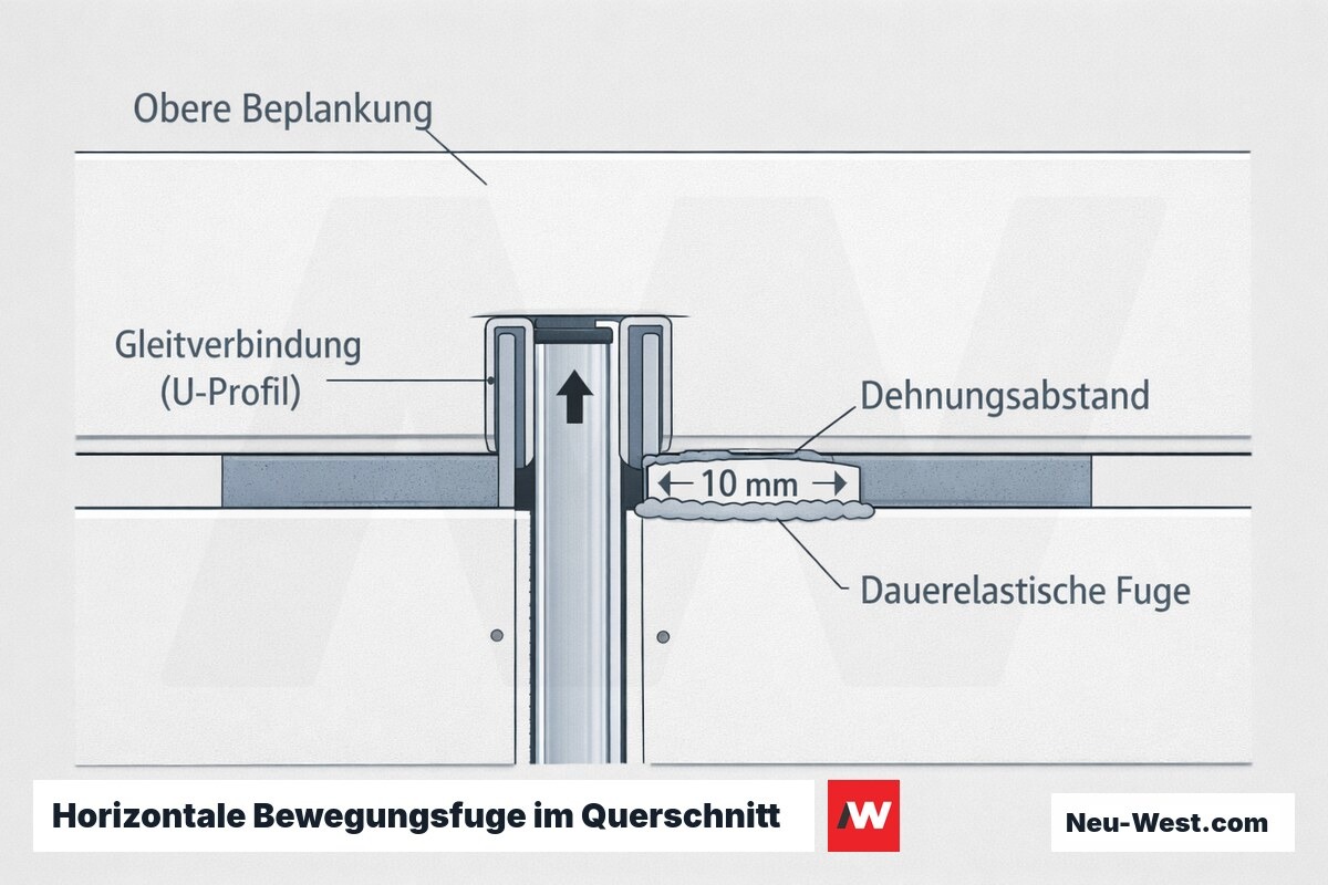 Querschnitt einer horizontalen Bewegungsfuge in der Beplankung mit Gleitverbindung, Dehnungsabstand und dauerelastisch geschlossener Fuge.