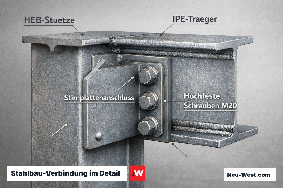 Stahlskelettbau im Hochbau: HEB-Stützen und IPE-Träger bilden mehrstöckiges Tragwerk mit Verbunddecke, Baustelle Berlin