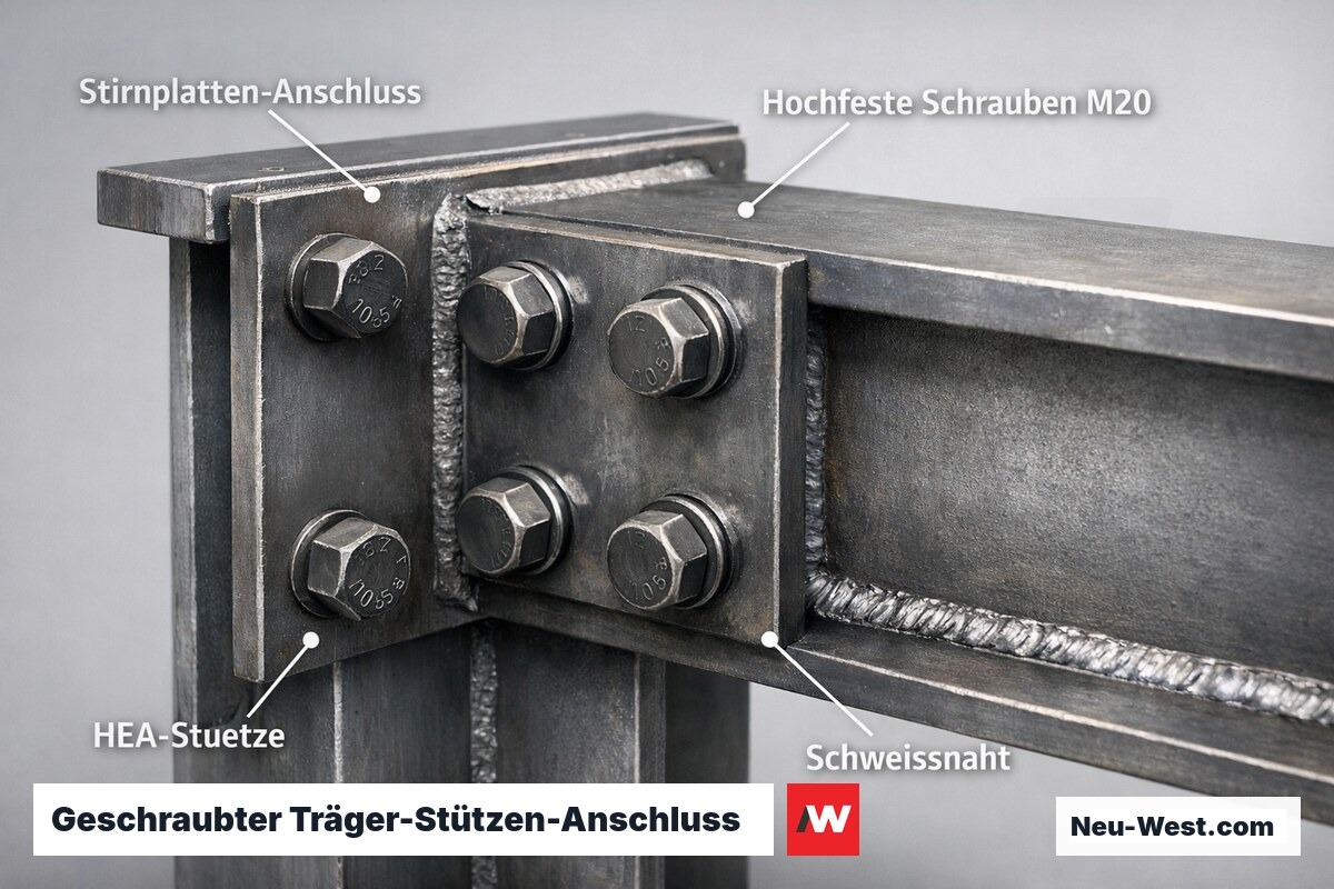 Detailaufnahme eines geschraubten Stahlbau-Anschlusses mit Stirnplatte, Hochfest-Schrauben und Schweißnähten an HEA-Profil