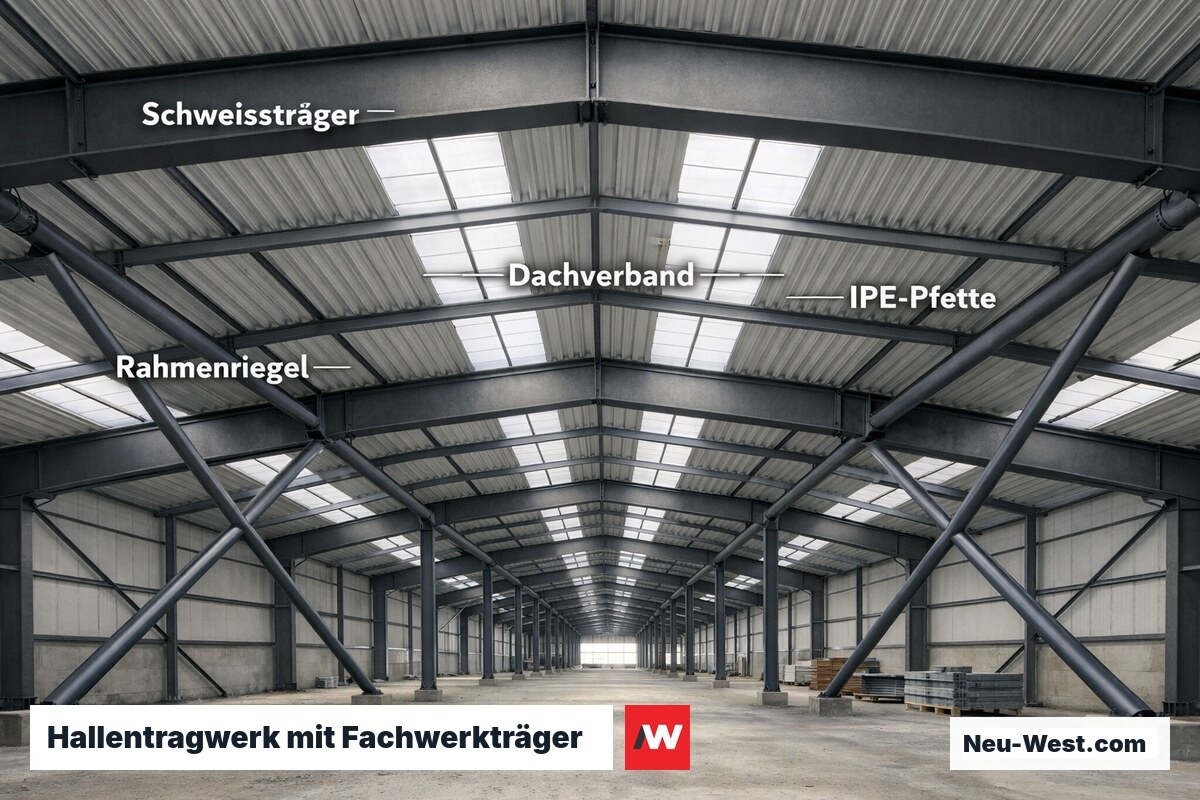 Innenansicht einer Stahlhalle mit weitgespanntem Schweißträger, Dachverband aus Hohlprofilen und IPE-Pfetten, Spannweite 40 Meter