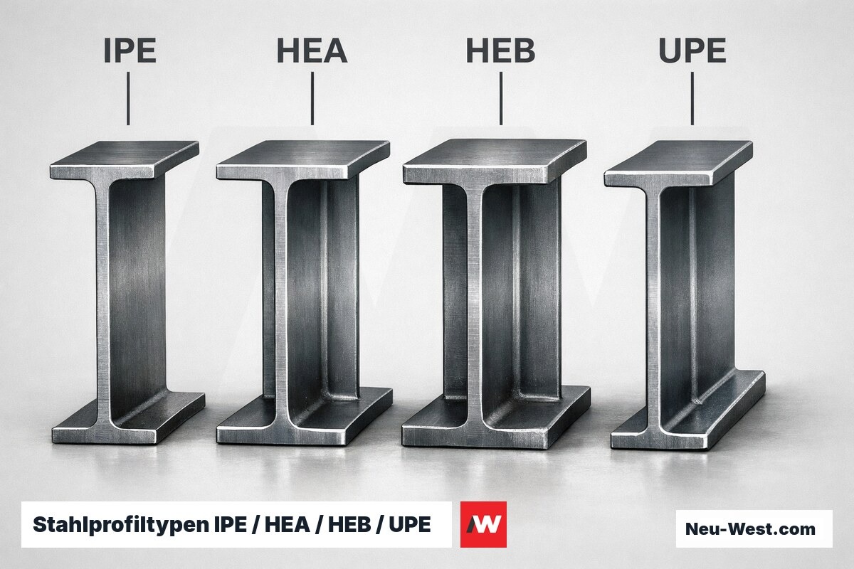 Stahlprofiltypen IPE / HEA / HEB / UPE im Querschnittsvergleich – Erklär-Grafik (NEUWEST Berlin)