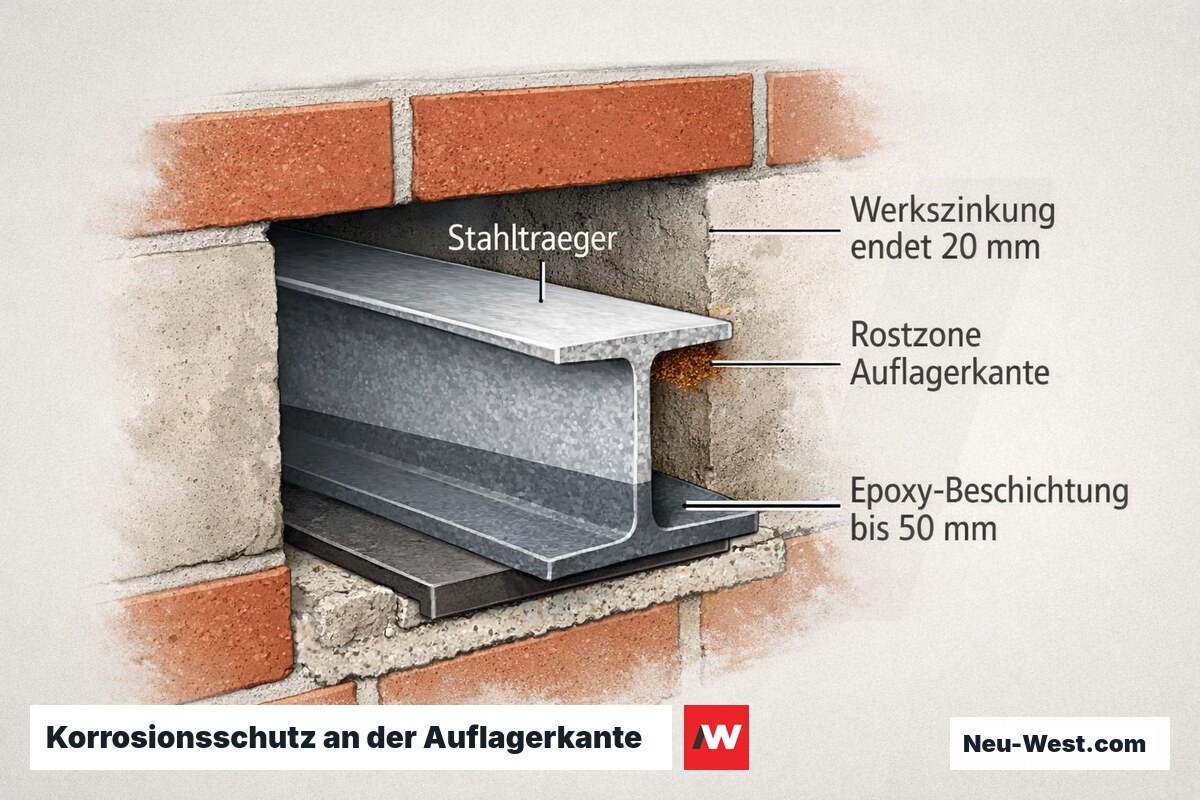 Cutaway-Detail eines eingemauerten Stahlträgers: Werkszinkung endet vor der Mauerfläche, Rostzone und Epoxy-Schutzbeschichtung bis 50 mm in der Auflagertasche.