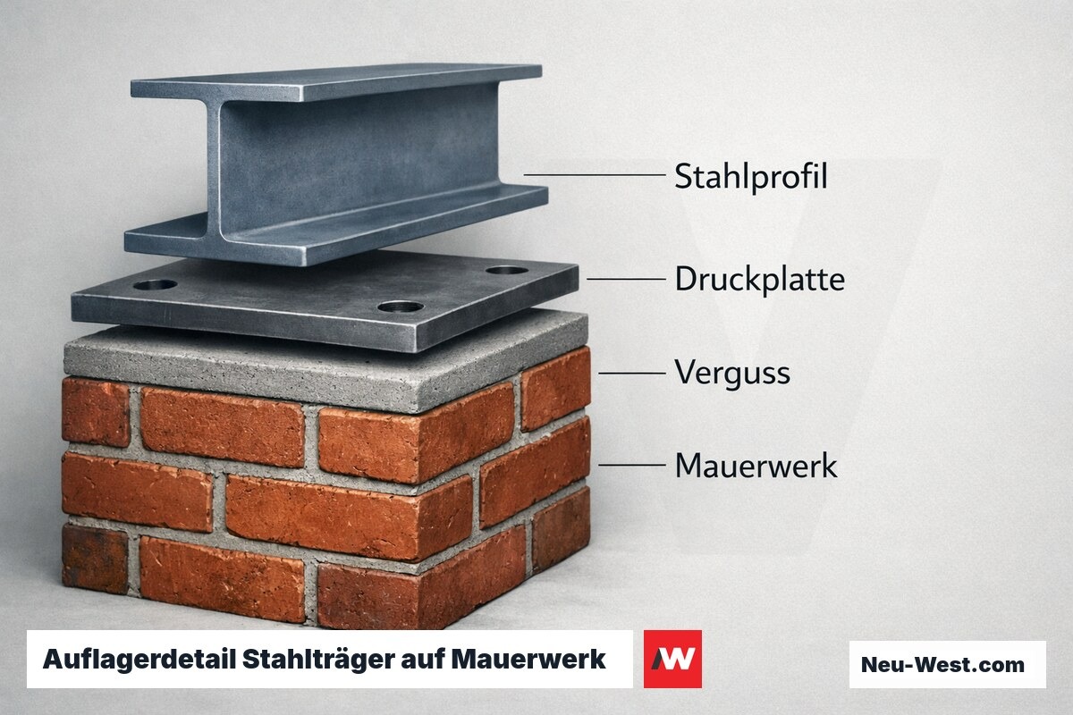 Auflagerdetail Stahlträger auf Mauerwerk — Querschnitt – Erklär-Grafik (NEUWEST Berlin)