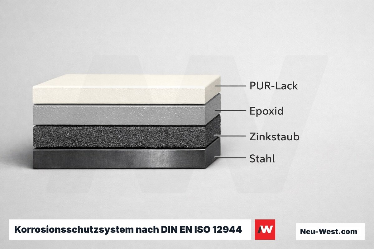 Korrosionsschutzsystem nach DIN EN ISO 12944 — Schichtaufbau – Erklär-Grafik (NEUWEST Berlin)