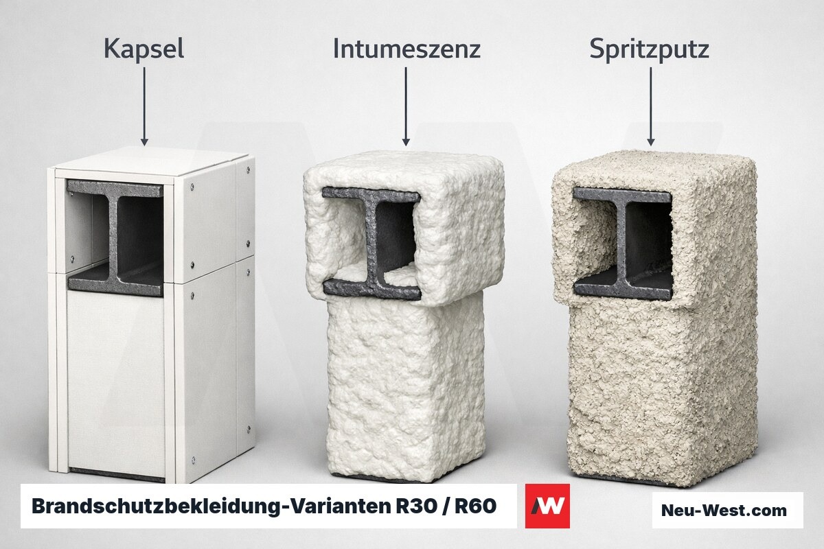 Brandschutzbekleidung-Varianten R30 / R60 / R90 im Vergleich – Erklär-Grafik (NEUWEST Berlin)