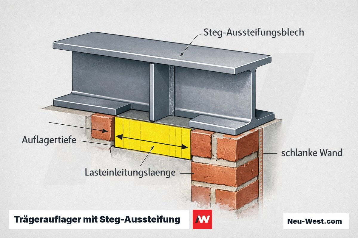 Cutaway-Detail eines Stahlträger-Auflagers auf schlanker Mauerwerkswand mit aufgeschweißtem Aussteifungsblech am Steg und kurzer Lasteinleitungslänge.