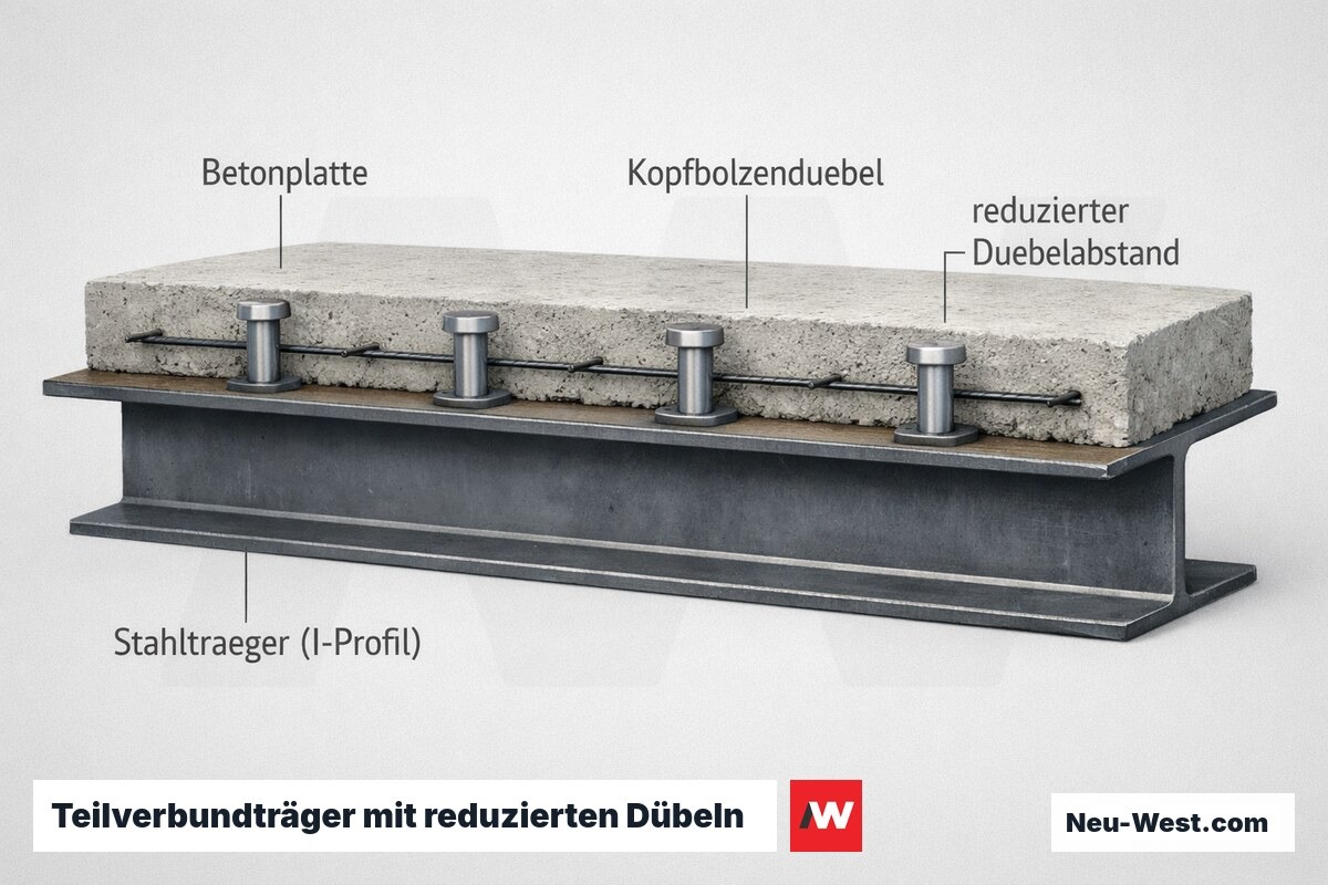 Querschnitt eines Teilverbundträgers: Stahlträger mit aufliegender Betonplatte und weit gesetzten Kopfbolzendübeln bei reduziertem Dübelabstand.