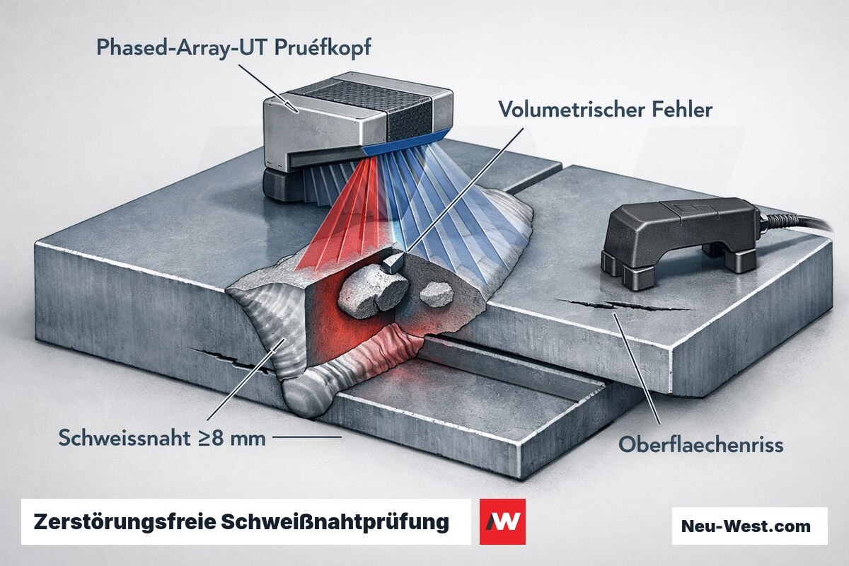 Querschnitt einer dicken Schweißnaht mit Phased-Array-UT-Prüfkopf, angezeigtem volumetrischem Fehler im Nahtvolumen und oberflächennahem Riss.