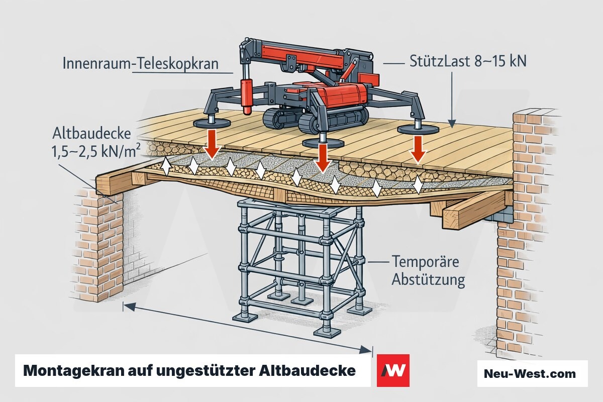 Querschnitt: Innenraum-Teleskopkran erzeugt hohe Stützlasten auf einer tragschwachen Altbaudecke, darunter temporäre Abstützung für die Montagesituation.