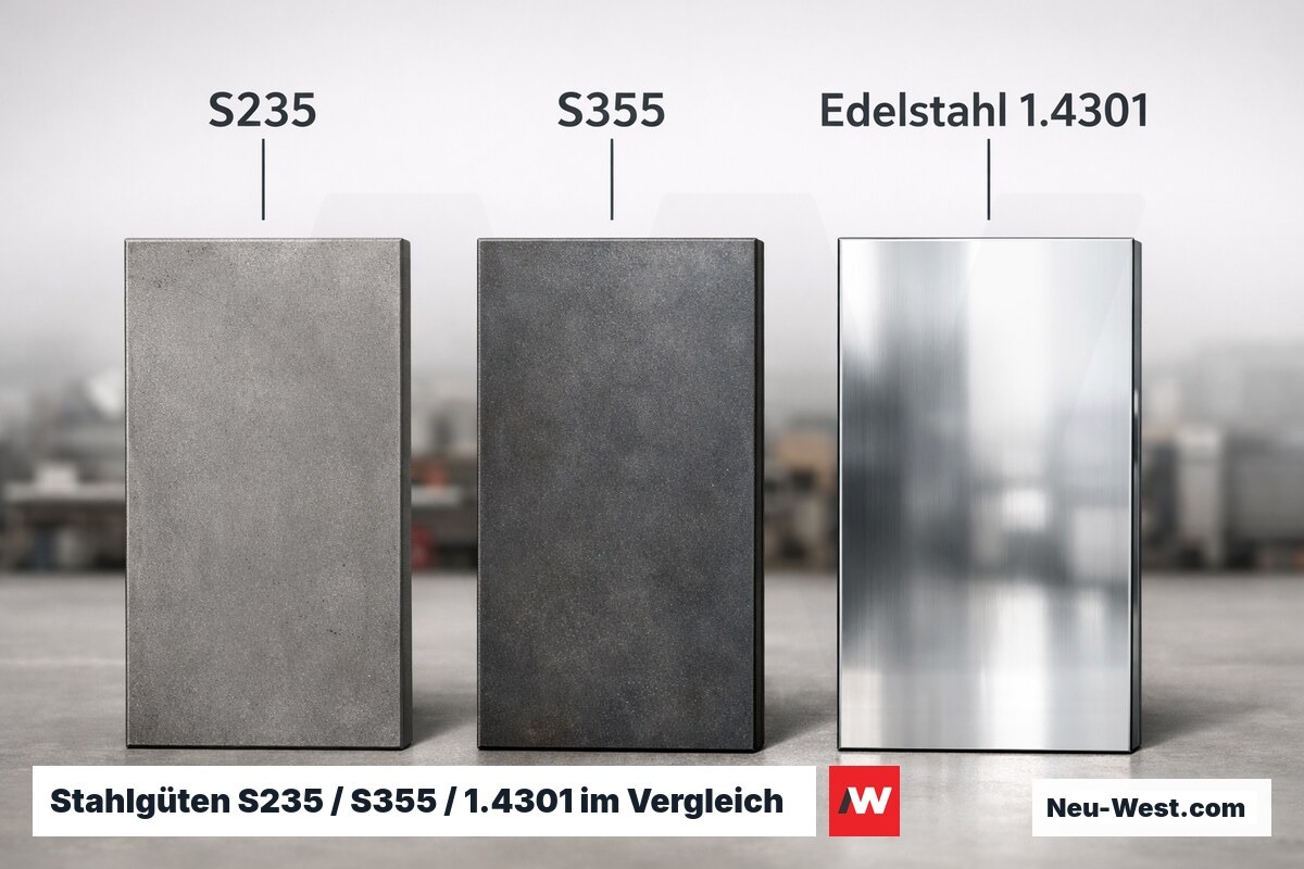 Stahlgüten S235 / S355 / 1.4301 im Vergleich – Erklär-Grafik (NEUWEST Berlin)