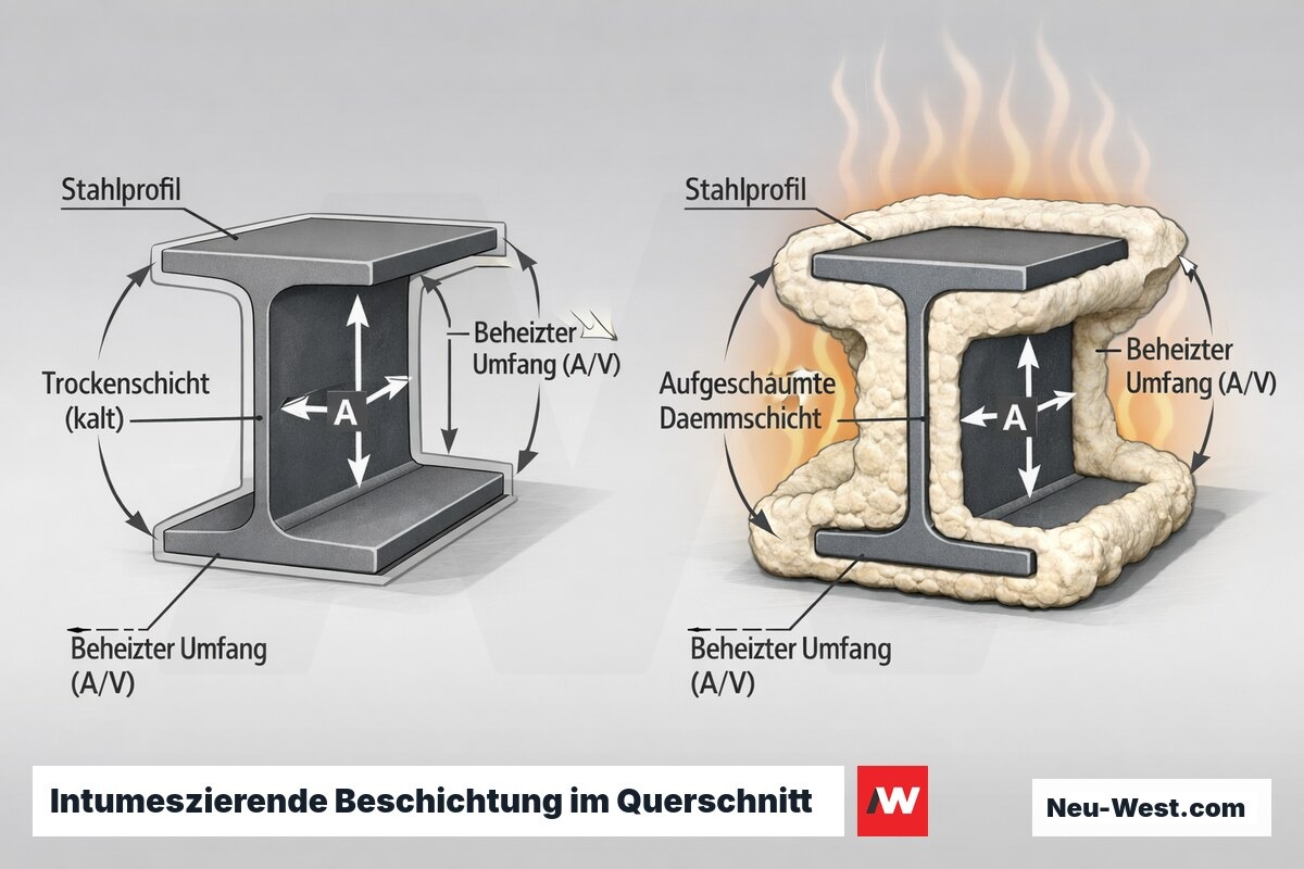 Querschnitt eines Stahlprofils mit dünner Kaltschicht links und aufgeschäumter Brandschutz-Dämmschicht rechts, mit A/V-Maßen.