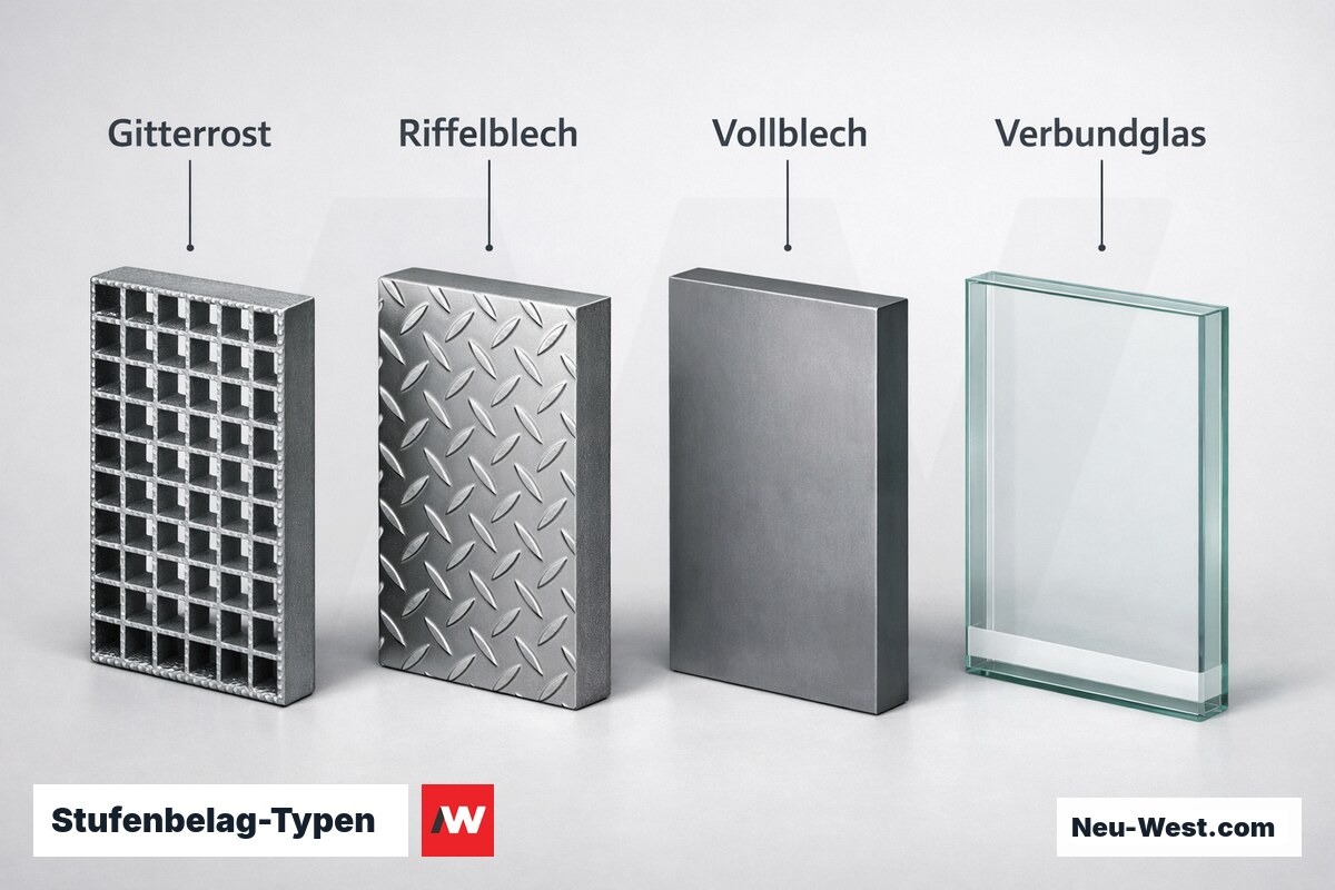 Stufenbelag-Typen: Gitterrost, Riffelblech, Vollblech, Verbundglas – Erklär-Grafik (NEUWEST Berlin)