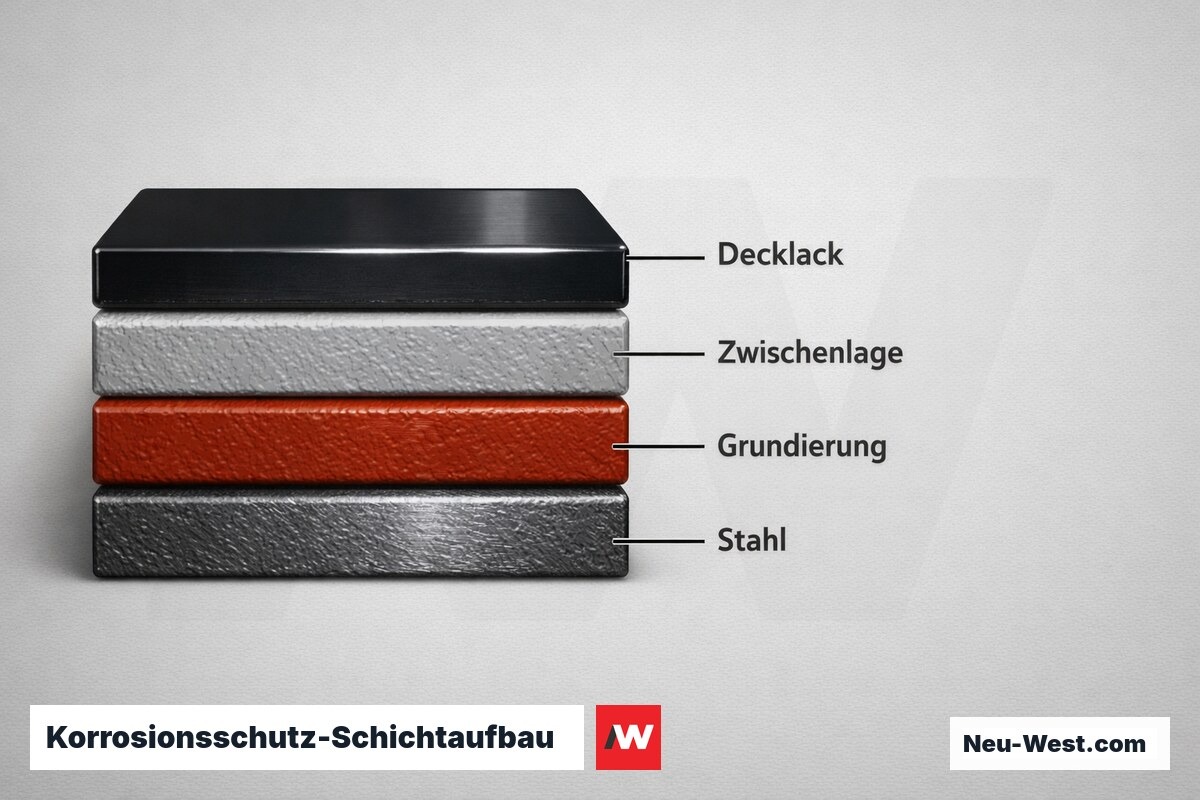 Korrosionsschutz-Schichtaufbau nach DIN EN ISO 12944 – Erklär-Grafik (NEUWEST Berlin)