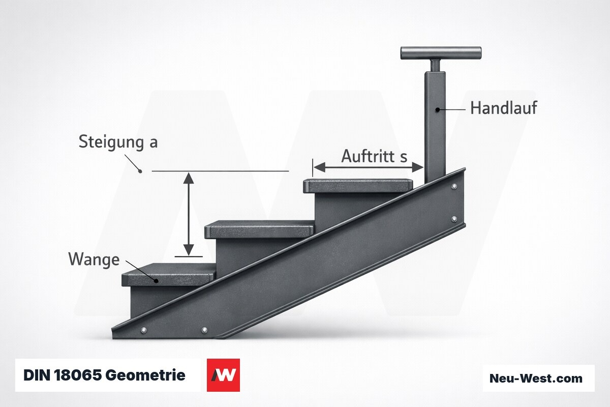 DIN 18065 Geometrie: Schrittmaßregel und Steigungsverhältnisse – Erklär-Grafik (NEUWEST Berlin)