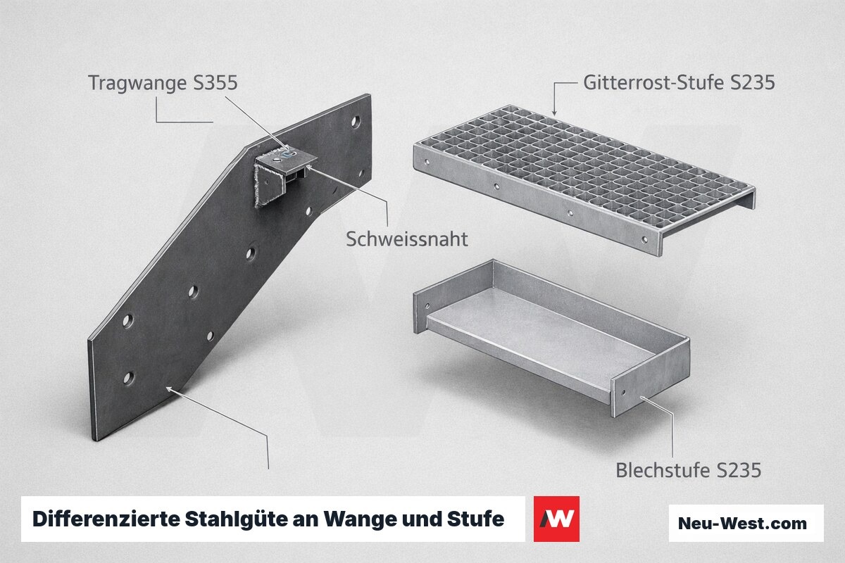 Cutaway einer Stahltreppe: dunkle Tragwange in S355, hellere Gitterrost- und Blechstufen in S235, mit Schweißnaht am Anschluss.