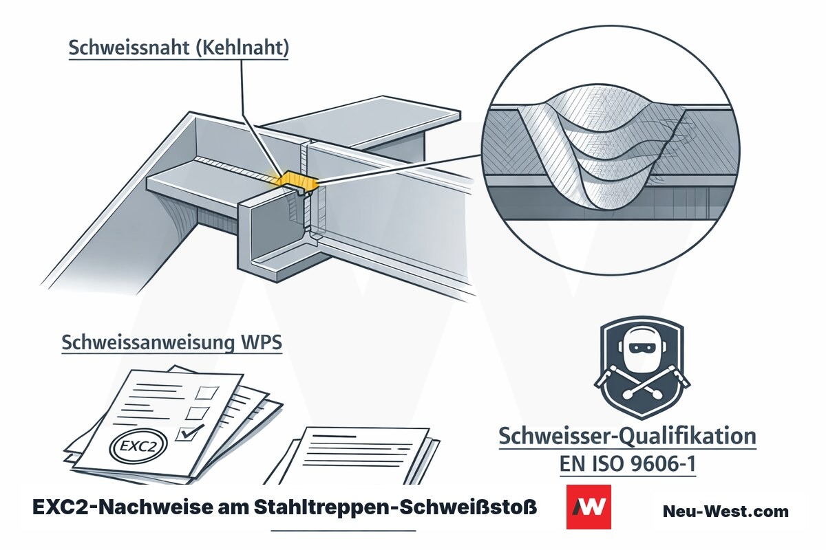 Erklär-Illustration eines geschweißten Stahltreppen-Anschlusses mit Kehlnaht-Detail, WPS-Dokument, Schweißer-Qualifikation und EXC2-Nachweis nach EN 1090.