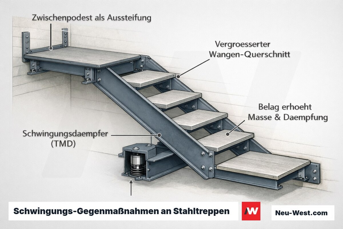 Querschnitt einer Stahltreppe mit Zwischenpodest, Schwingungsdämpfer, verstärktem Wangenquerschnitt und massereichem Belag als Planungs-Gegenmaßnahmen.