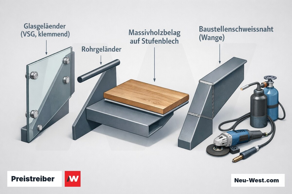 Erklär-Illustration einer Stahltreppe: Glasgeländer und Rohrgeländer im Vergleich, Massivholzbelag auf Stufenblech und segmentierte Wange mit Baustellenschweißnaht.