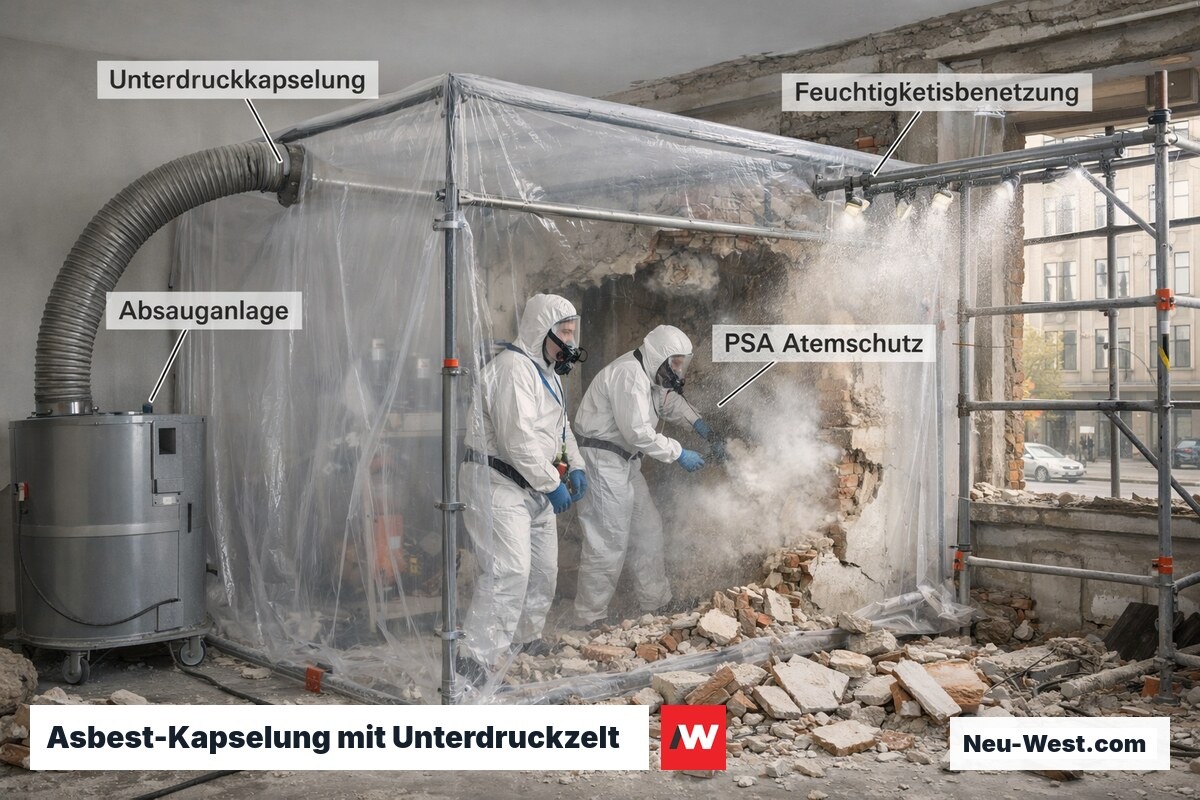 Arbeiter in Schutzanzügen errichten Unterdruckkapselung beim Asbestabbruch mit Wasserbenetzung und Absauganlage