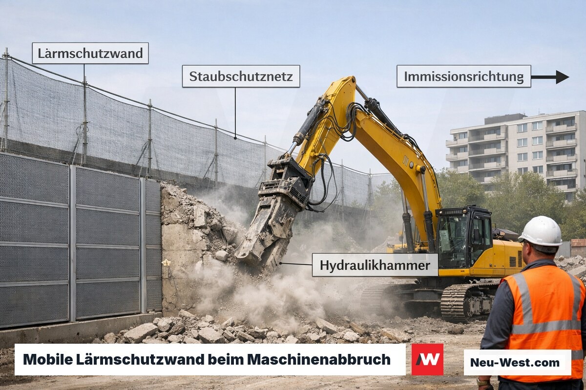 Modulare Lärmschutzwände und Staubschutznetze rund um Hydraulikbagger bei Betonabbruch im Wohngebiet